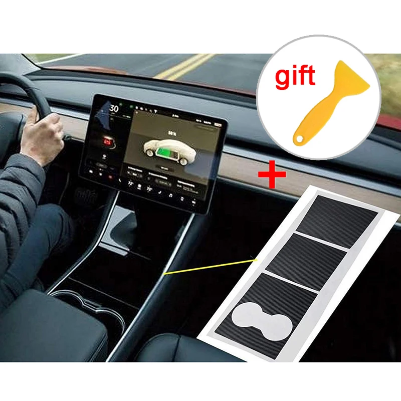 Наклейка 5D с внутренней крышкой центральной консоли + скребок для Tesla Model