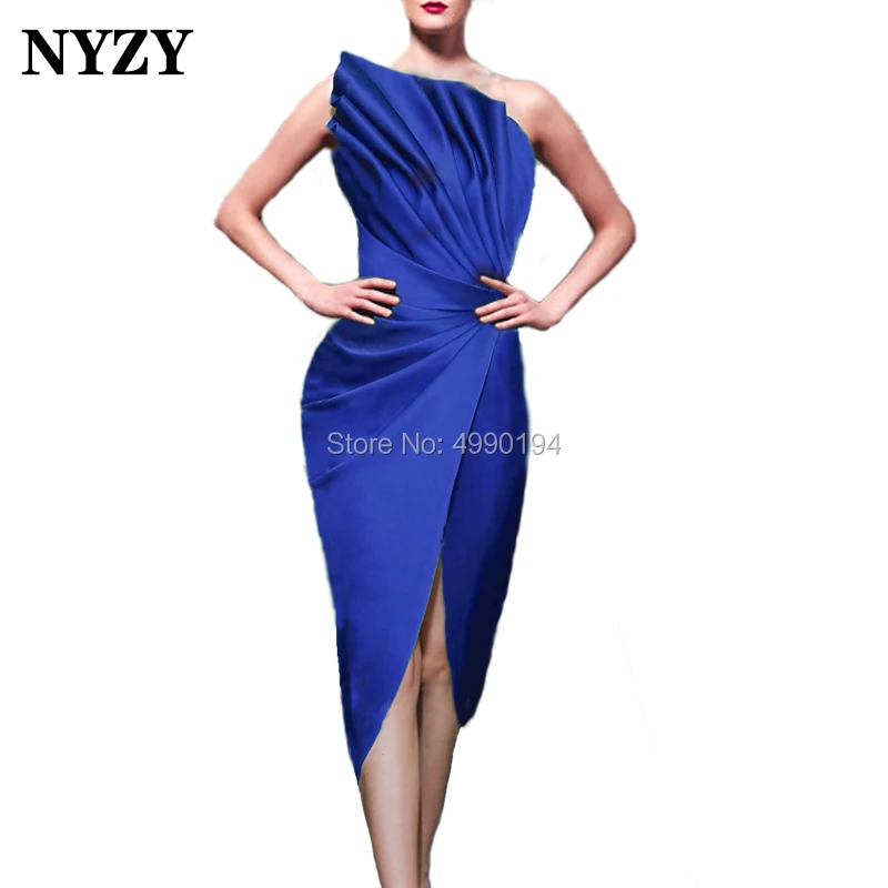 NYZY C102 Robe Cocktail Dress Emerald Green Satin High Slit One Shoulder Evening Dress Short vestido coctel