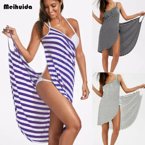 

2019 Women Stripe Strappy Scarf Beach Cover Up Wrap Sarong Sling Dress Summer Beach Swimwear