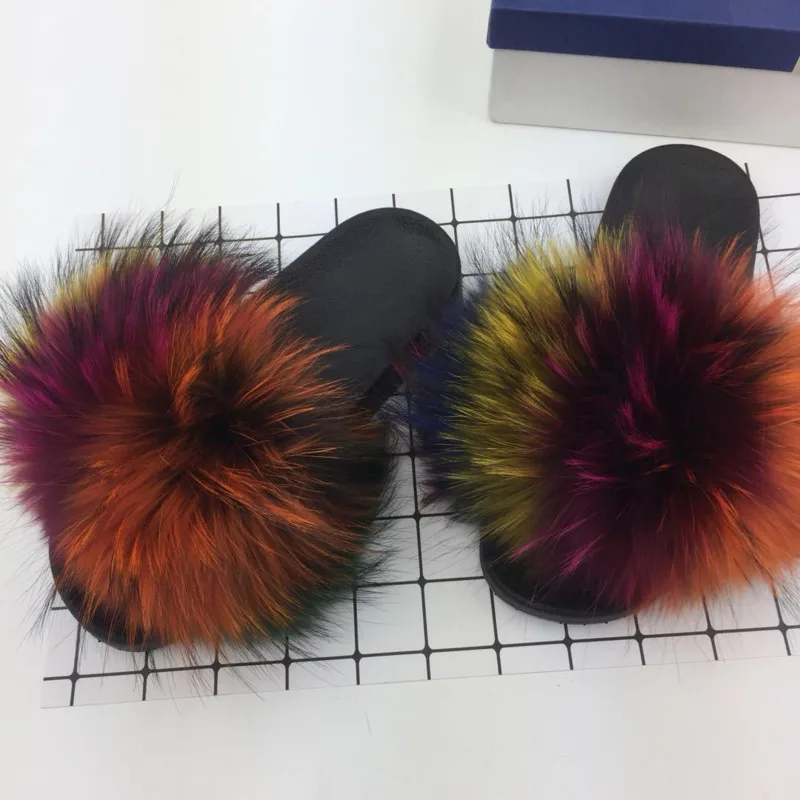 

Real Raccoon Fur Fashion Style Furry Slides Summer Flats Sweet Ladies Shoes Fox Fur Flip Flops