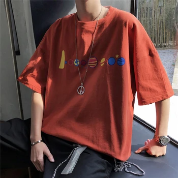 

2019 Spring Summer Korean Men Casual Loose Star Printing Solid Color Cotton Top Tee Round Neck Short Sleeve T-shirt Homme M-XL