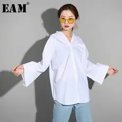 [EAM] 2019 Новый Весна Лето v-образный вырез с длинным рукавом белый короткий свободный темперамент женская рубашка, блузка Мода прилив J13800
