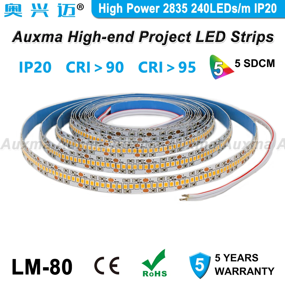 

High Power 2835 240LEDs/m LED Strip,CRI95 CRI90,PCB Wide 12mm,IP20 DC24V,38.4W/m 1200LED/Reel,Non-waterproof for Conference hall