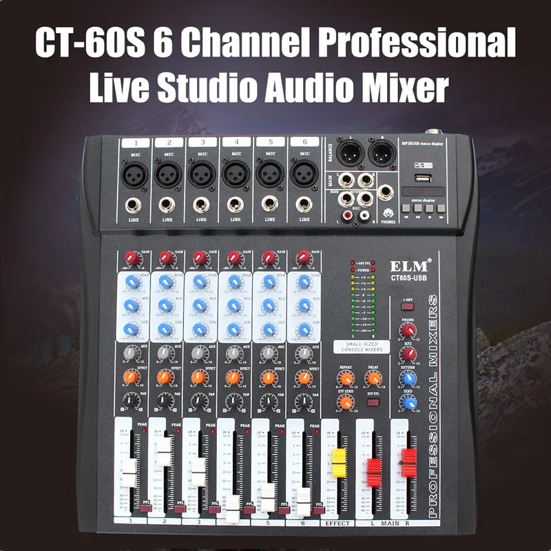 

LEORY 6 Channel Karaoke Audio Mixer Digital Microphone Sound DJ Mixing Amplifier Console 48V Phantom Power With USB Professional
