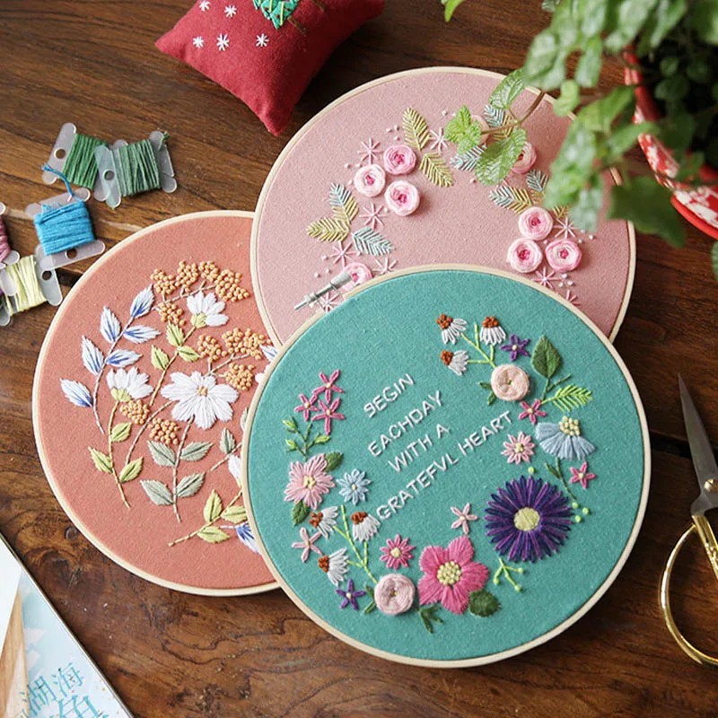 

20x20cm Beginner Needlework Practice Kits Cross Stitch Floral Wall Painting Material Package 3D Ribbon Embroidered Manual
