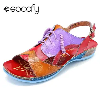 

SOCOFY Soft Splicing Colorful Genuine Leather Stitching Comfortable Lace Up Buckle Strap Sandals Retro Summer Shoes New 2020