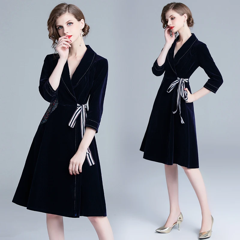 Banulin 2018 High Quality Winter Velvet Dress Autumn Women OL Office Midi Dresses Runway Elegant Embroidery Vintage Vestidos