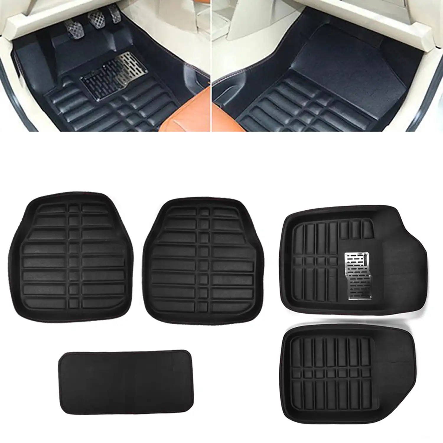 Black 5 Pcs Universal Car Floor Mats Driver Foot Pad 5 Seats Rear