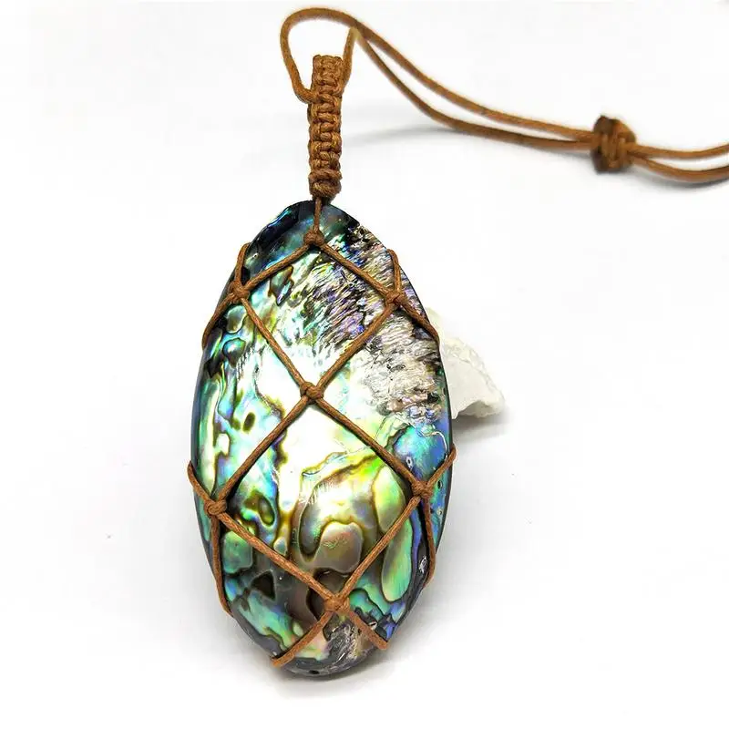 

Natural Abalone Shell Pendant Healing DT Gemstone Wand Reiki Wrap Braid Necklace Yoga Macrame For Men Women
