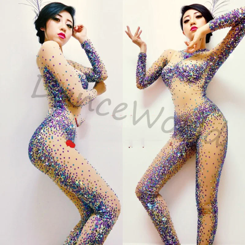 

customized handmade colorful AB rhinestone costumes shining tight bodysuit dj singer dancer costume for women