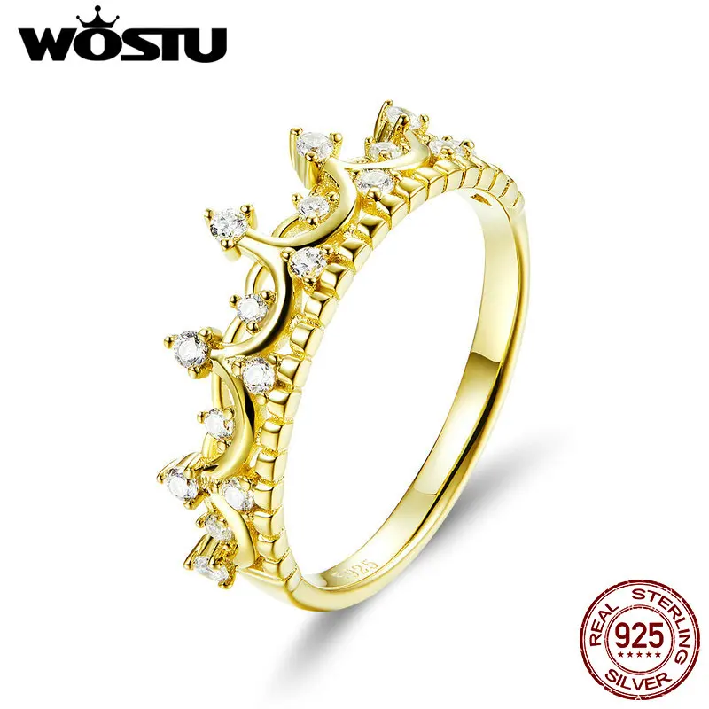 

WOSTU Real 925 Sterling Silver Gold Color Queen Crown Ring Zircon Finger For Women Wedding Engagement Rings 925 Jewelry CQR493