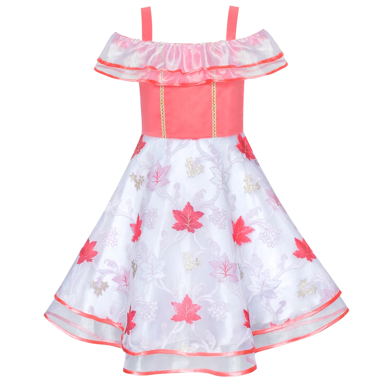Sunny Fashion платья для девочек платье Цветок с плеча Отпуск клена Коралловый