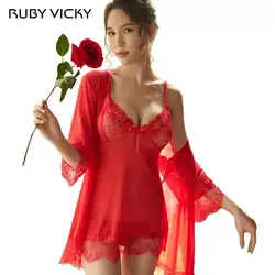 RUBY VICKY 4 шт. комплект для женщин Ночная рубашка сексуальное женское белье кружевное платье с v-образным вырезом Женская сексуальная ночная