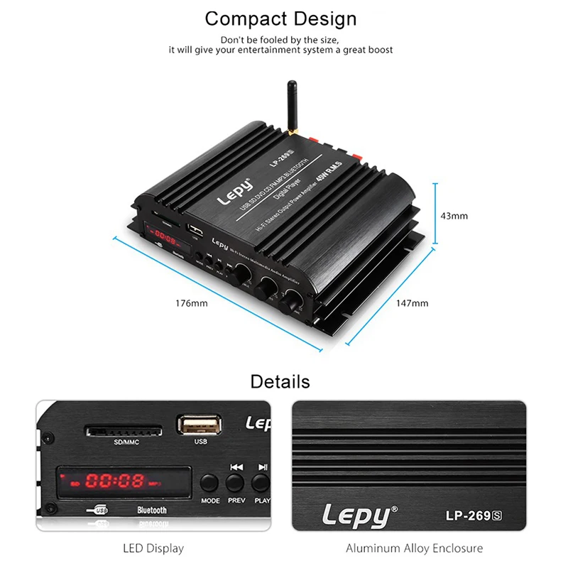 Lepy Lp-269S Bluetooth автомобильный усилитель Hi-Fi Цифровой стерео аудио 2 канала мощный звук совместим с мото компьютерным динамиком