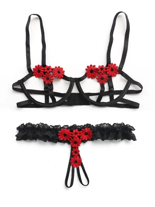 Sujetador fino de encaje sin entrepierna para Mujer, lencería Sexy, Conjunto de sujetador con flores, Bralette, Ropa interior, rojo y blanco