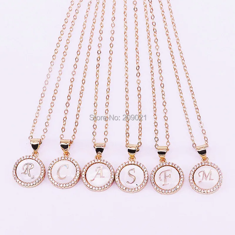 

10Pcs Gold Color CZ Cubic Zirconia Shell 26 Initials Letter round Pendant Necklaces For Women Men Jewelry