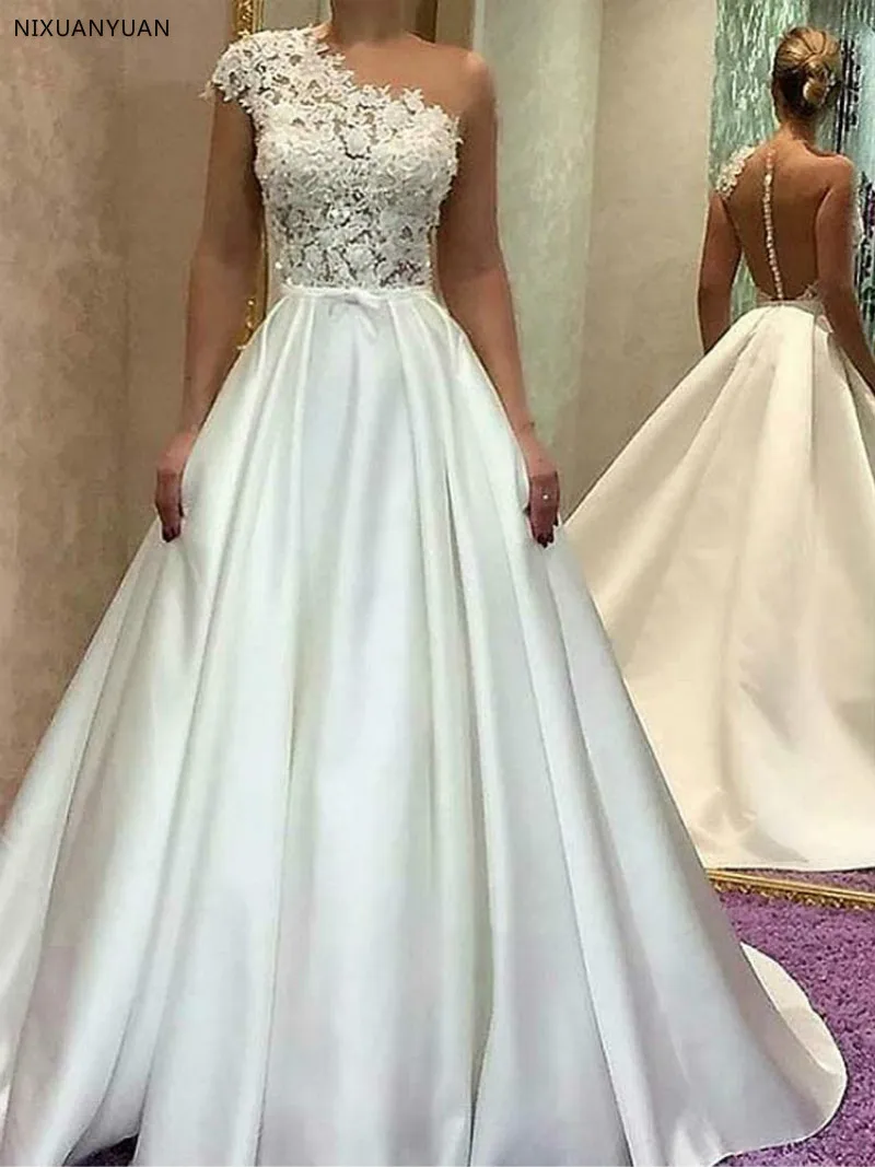 

Elegant One Shoulder Ivory Satin Wedding Dresses Lace Long Cape Sleeves Wedding Gown Vestidos De Noiva