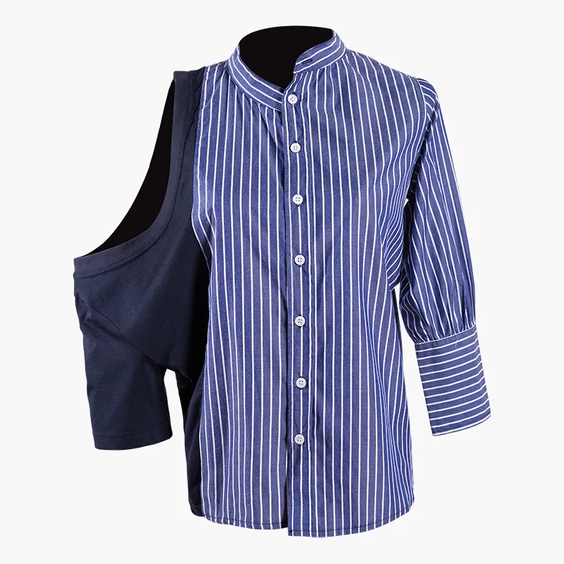 

[EWQ] Summer Of 2019 New Pattern Asymmetrical Round Long Sleeve Fake Two Piece Patchwork Single Breasted Shirt Women AE488