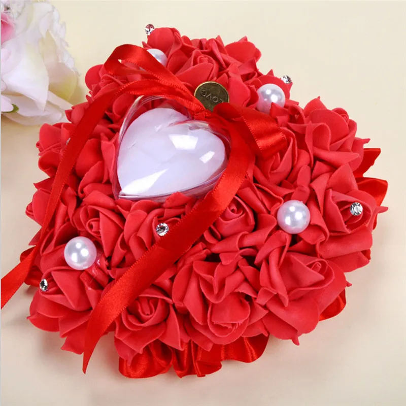 

Valentine's Day Wedding Ceremony Ring Pillow Creative Romantic Support White Satin Crystal Flower Ring Bearer Cushion Gifts 2019