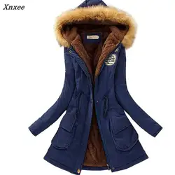 Осень Теплая зимняя кофта Для женщин женские Модные меховой воротник куртки для леди длинный тонкий Парка на пуху парки с капюшоном Xnxee
