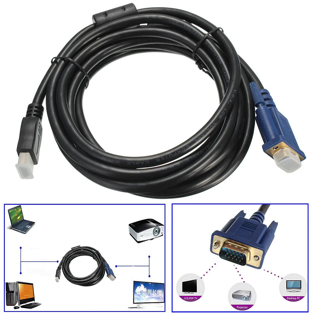 3 м адаптер штыревой HDMI на VGA Мужской 15 пин кабель адаптер конвертер позолоченный для ПК DVD цифро-аналоговый аудио видео кабель для ТВ