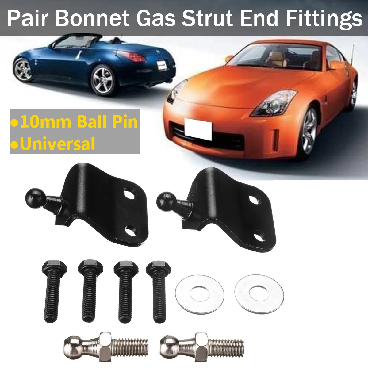 

Pair Black Car Boot Bonnet Hood Gas Struts End Fitting 10mm Ball Pin Brackets Universal