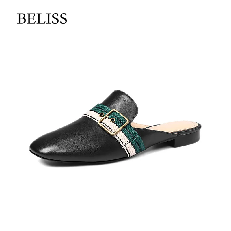 

BELISS 2019 Slippers Woman Leather Summer Flats Ladies Mules Slippers Casual Shoes Slip On Slides Womens Shoes Pointed Toe S41