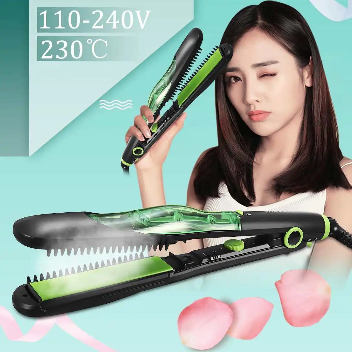 

110-240V EU Plug Professional Ceramic Steam Hair Straightener Salon Styler For Dry & Wet Automatic 6 Steam Holes Negative Ions
