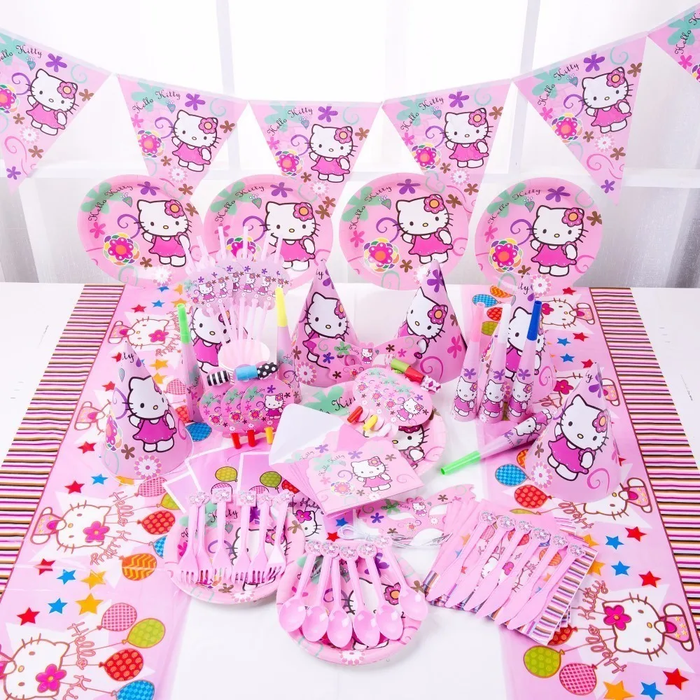 

1 set Hello Kitty Theme Party Supplies Tableware Plate Napkins Cup Cartoon Birtday Party Loot bag Hat Flag Baby Shower Favors