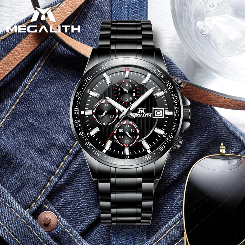 

MEGALITH Fashion Sport Men Quartz Analog Watch Chronograph Waterproof Black Stainless Strap Male Watches Clock Relogio Masculino