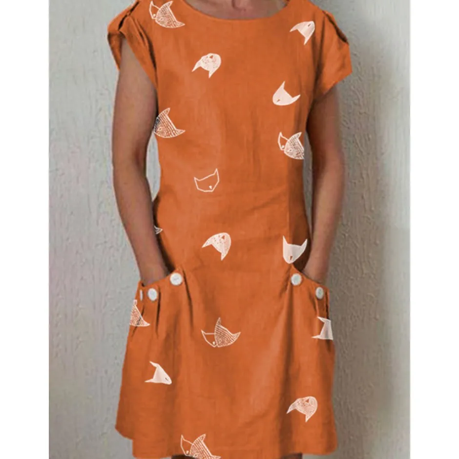

2019 New Women Cat Print Mini Dress Summer Pockets Short Sleeve Casual Dress Loose Straight Plus Size Dresses