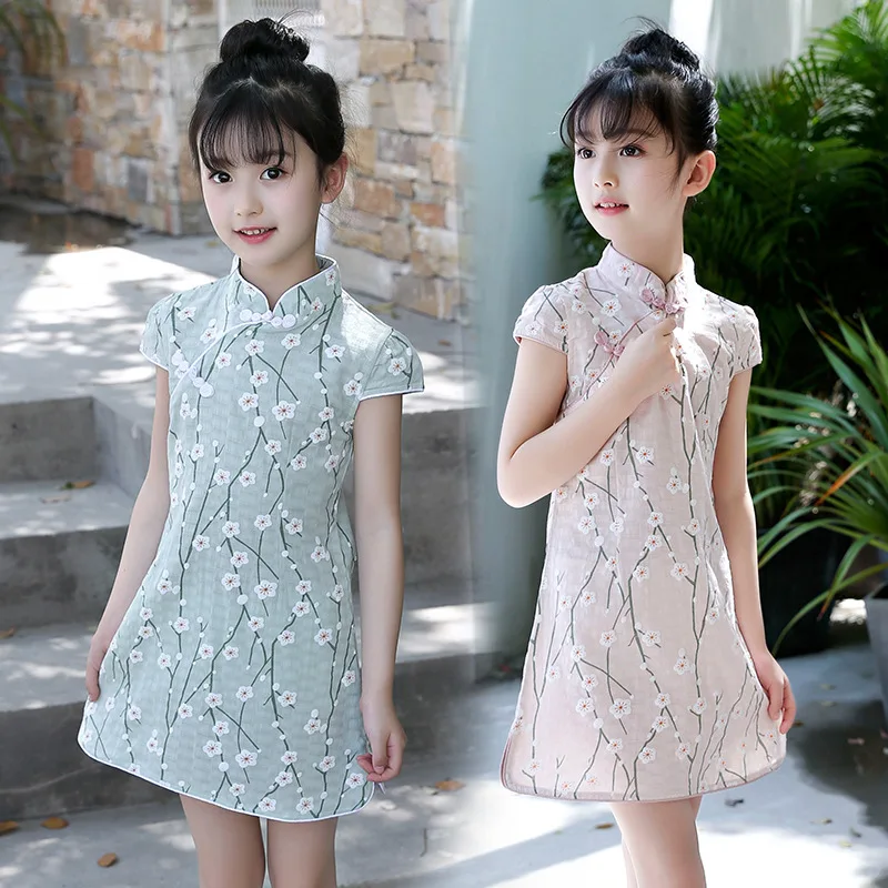 

Girl Embroidered Chinese Style Short Sleeve Cheongsam Pure Cotton Hemp Children's Dress