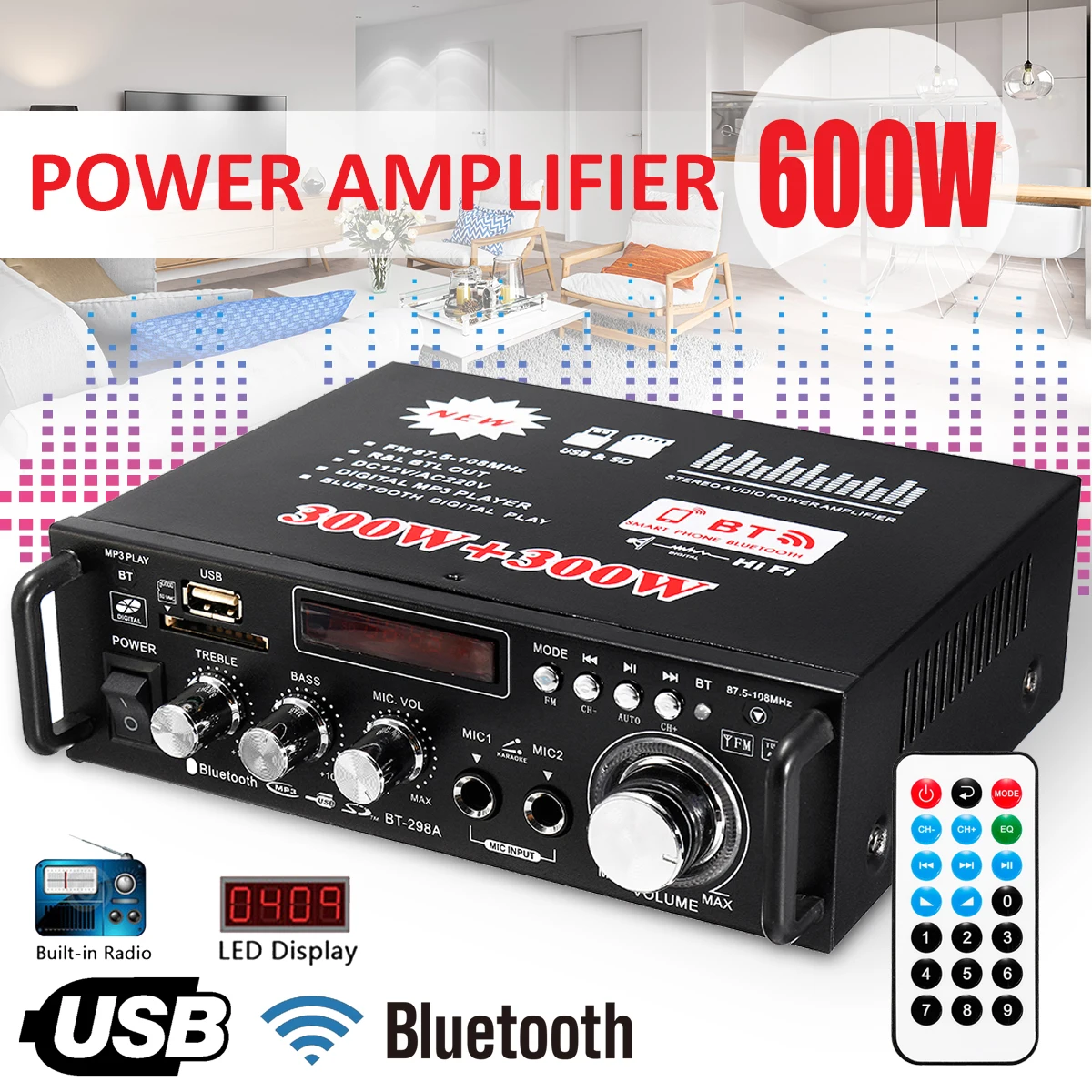 300W+300W 2 Channel HIFI Audio Stereo Power Amplifier Bluetooth FM Radio Car Home Theater Amplifiers Music Player 300W+300W 2 Channel HIFI Audio Stereo Power Amplifier Bluetooth FM Radio Car Home Theater Amplifiers Music Player