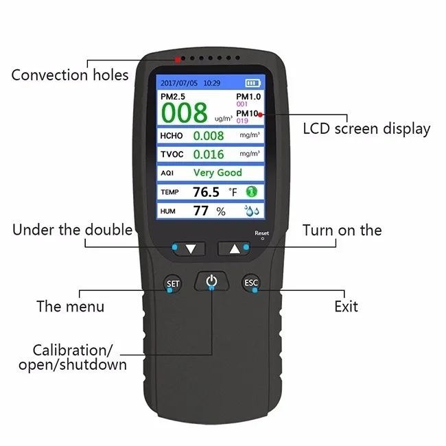 8 в 1 PM1.0 PM2.5 PM10 монитор TVOC HCHO Формальдегид детектор температуры и влажности воздуха монитор качества воздуха анализатор газа