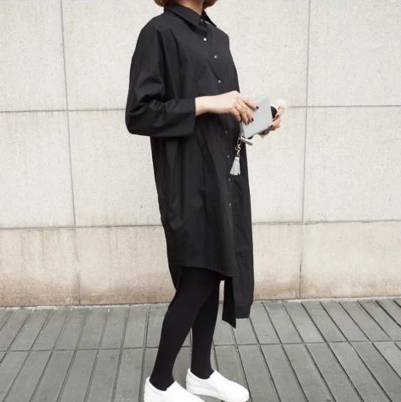 autumn casual ladies elegant black white woman long shirt dress loose