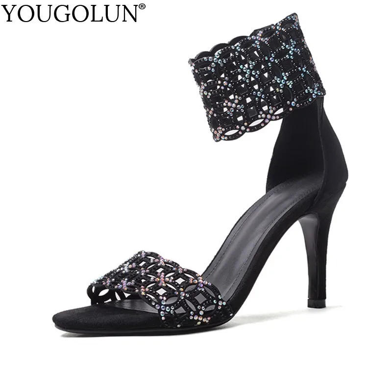 

Sheep Suede High Heel Sandals Women New Summer Zip Crystal Lady High Heels C119 Sexy Woman Black Open Toe Party Thin Heels Shoes
