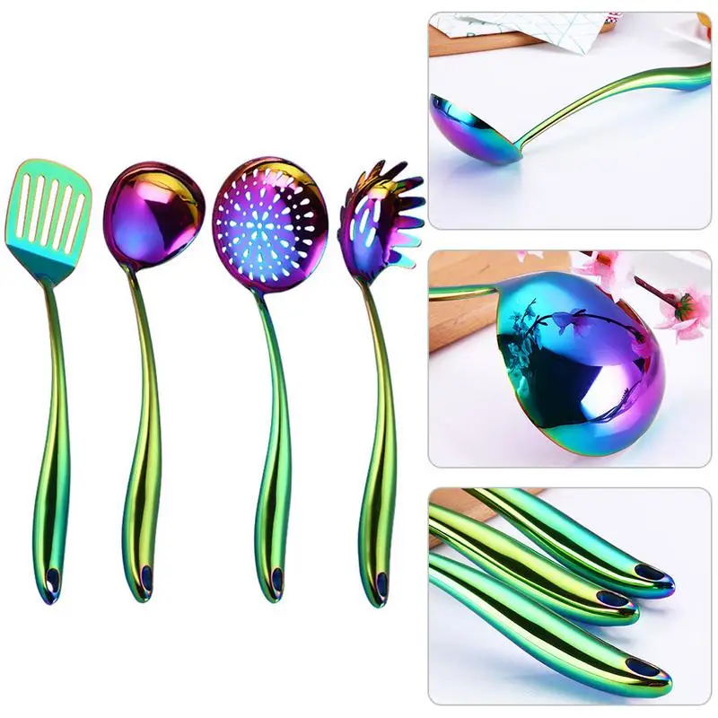 

4 PCS Colorful Spatula Turner Spaghetti Slotted Soup Ladle Skimmer Spoon Set Stainless Steel Rainbow PVD Coated Kitchen Tool