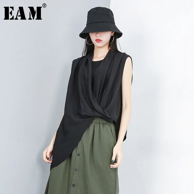 

[EAM] 2019 New Spring Summer Round Neck Sleeveless Black Irregular Fold Pleated Loose T-shirt Women Fashion Tide All-match JS213