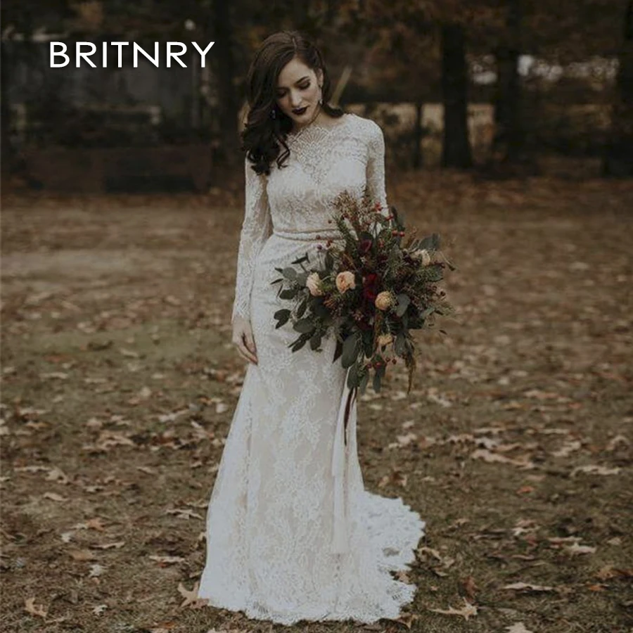 

BRITNRY New Style Mermaid Wedding Dresses 2019 Long Sleeves Lace Backless Court Train Wedding Dress Robe De Mariage Bridal Gowns