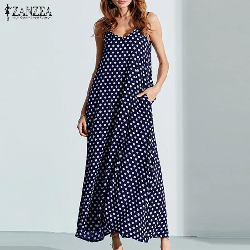 Billige S 6XL Plus Größe Sommer Kleid 2019 ZANZEA Frauen Polka Dot Print V Neck Sleeveless Sommerkleid Lose Maxi Lange Strand Vintage kleid