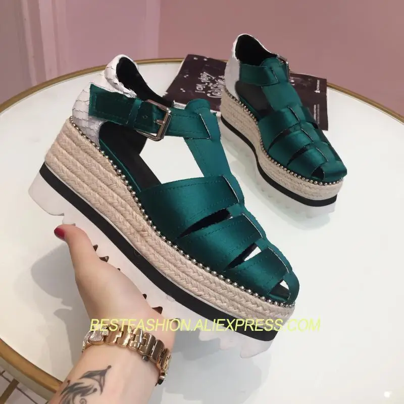 

Hot Spring Summer Flats Shoes Woman Silk Gladiator Sandals Platform Flats Ankle Strap Square Toe Waterproof Sandals Woman Shoes
