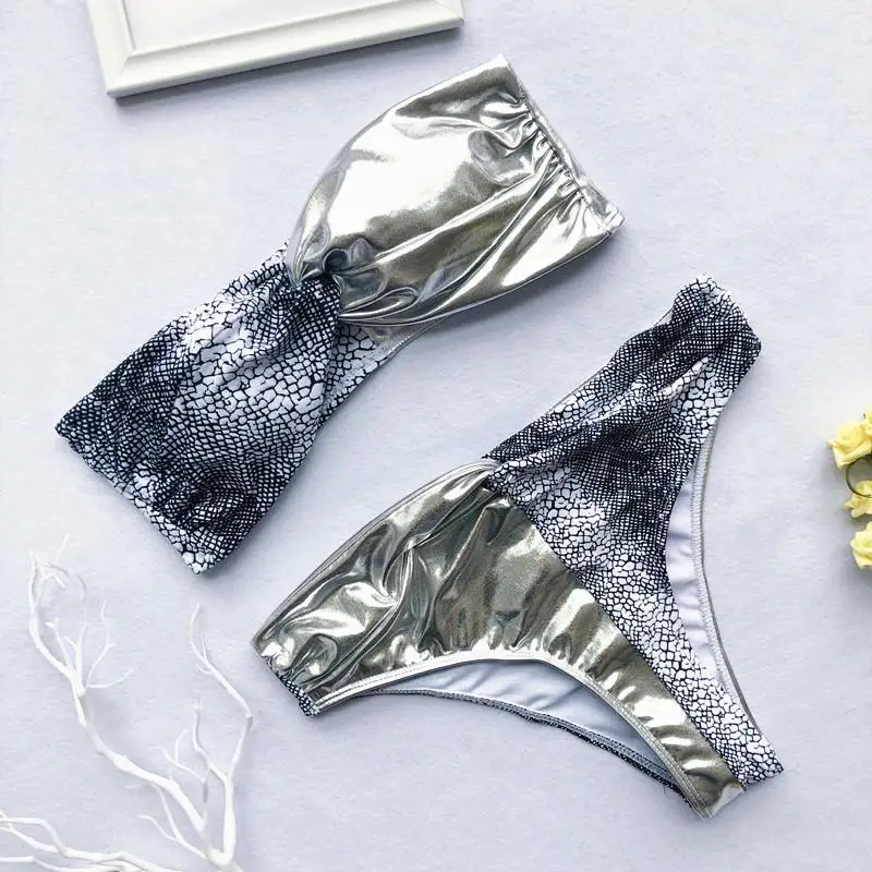 Турмерный Серебряный змеиный принт бикини 2019 микро бандо топ купальник женский