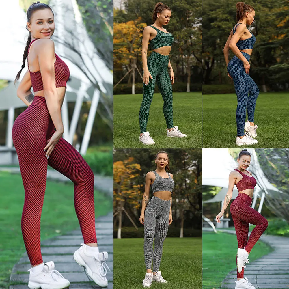 Women Tracksuit Plaid Printed Yoga Set Patchwork Running Fitness Jogging Tank Leggings Sports Suit Gym Sportswear Workout S-XL