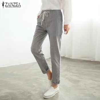 

2020 ZANZEA Women Spring Striped Harem Pants Casual Mid Waist Elastic Trousers Autumn Female Long Pantalon Palazzo Plus Size 2XL