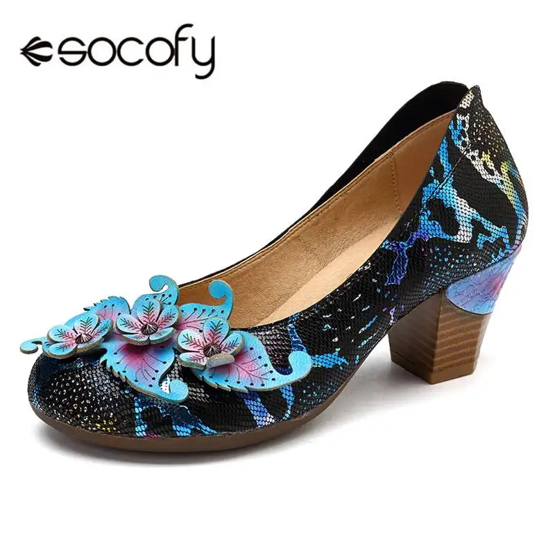 Женские винтажные туфли лодочки Socofy из натуральной кожи на высоком блочном