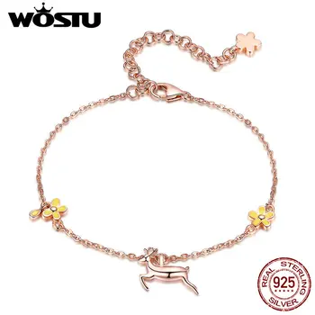 

WOSTU 100% 925 Sterling Silver Running Deer Chain & Link Women Bracelets With Yellow Flower Fresh Authentic S925 Jewelry CTB002