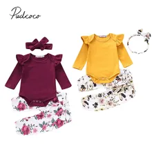 Новинка года, брендовые осенние комплекты одежды из 3 предметов для маленьких девочек Одноцветный комбинезон с рукавами-рюшами+ штаны с цветочным принтом+ повязка на голову