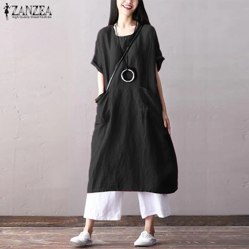 Летнее платье женское винтажное длинное макси Vestidos ZANZEA женский сарафан Кафтан платья хлопок лен сплошной халат размера плюс 5XL