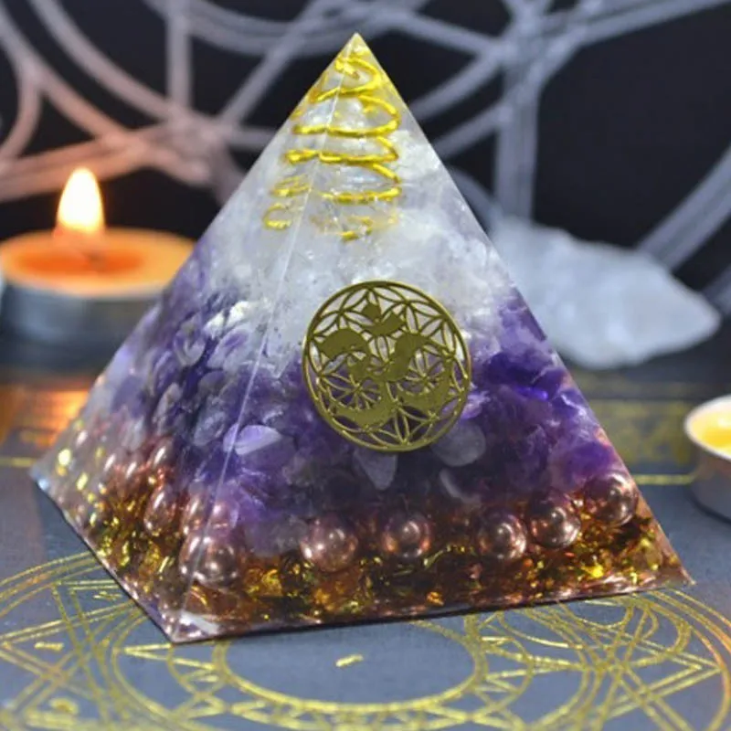 Natural Amethyst Orgonite Pyramid Energy Converter Orgone Aura Chakra Resin Decorative Craft Decorat