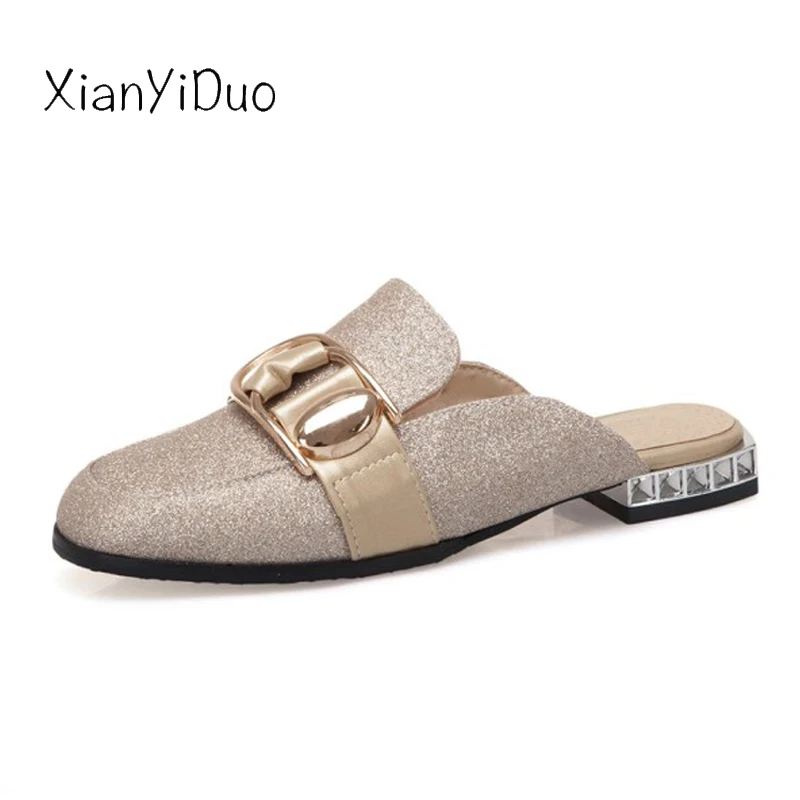 

XianYiDuo 2019 Summer Women's Shoes Slippers outside low heels Closed toe cap bling plus size 40-50 /t517